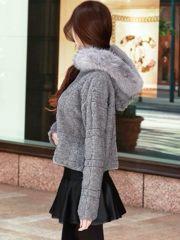 カナージュステッチファーフードニットアウターGRAY 商品イメージ3