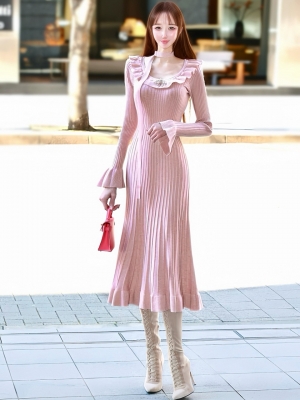 ジュエルリボンフリルワンピースPINKBEIGE