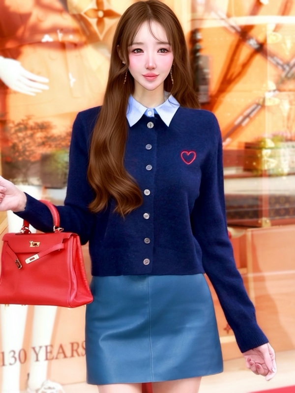 襟付ハートカーディガンNAVY