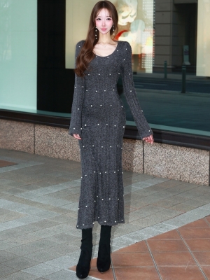 パールケーブルロングニットワンピースGRAY