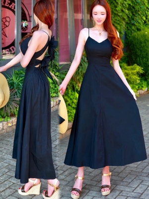 バックダブルリボンロングドレスBLACK