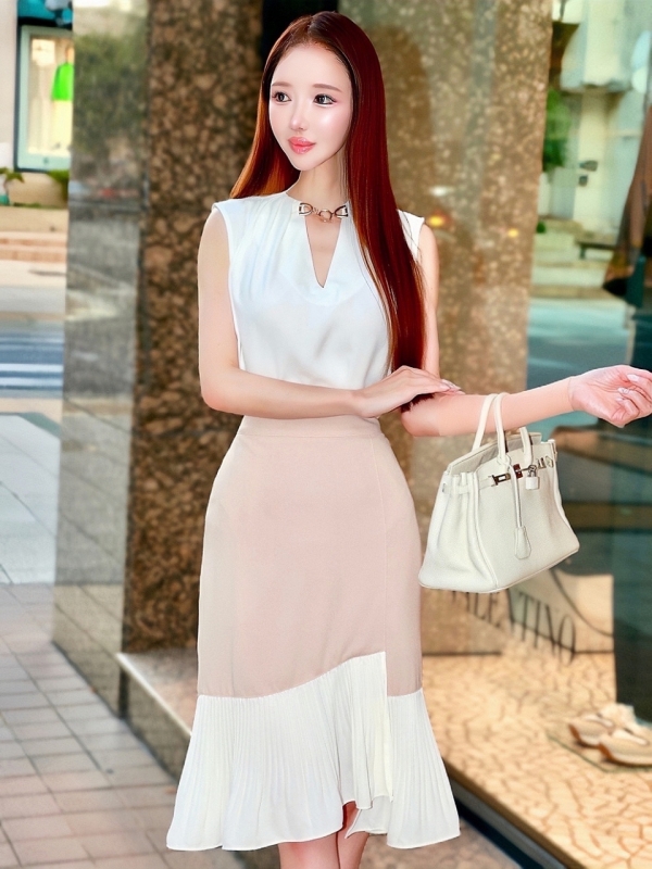 切替プリーツフリルスカートBEIGE