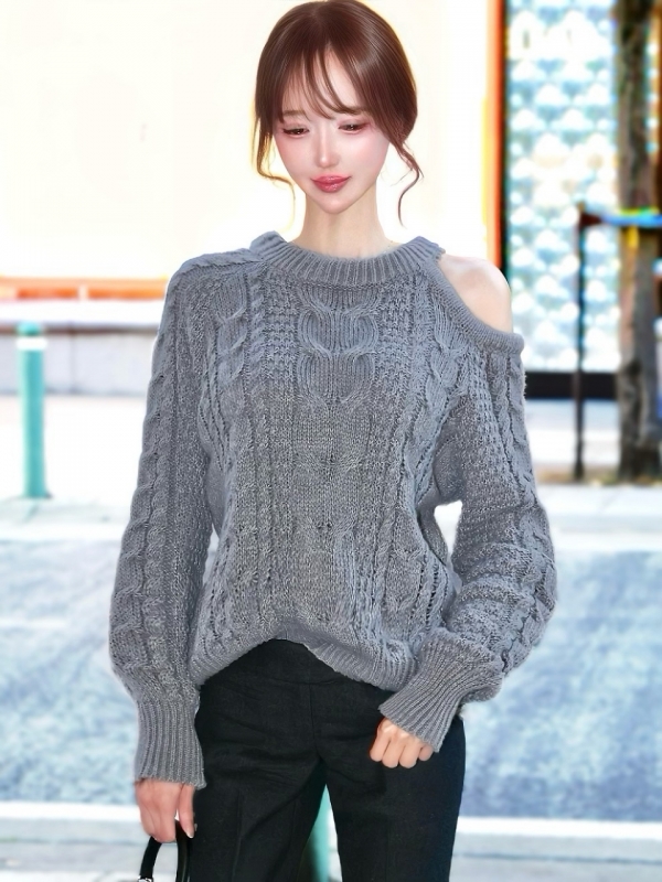 アシメオープンカットケーブルWOOLニットGRAY 商品イメージ1