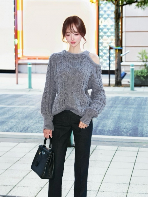 アシメオープンカットケーブルWOOLニットGRAY 商品イメージ2