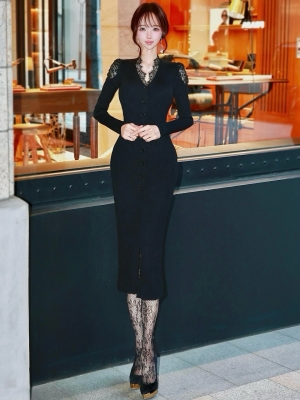 クチュールレースリブニットワンピースBLACK