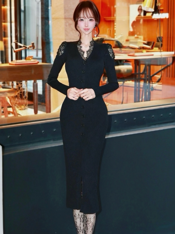 クチュールレースリブニットワンピースBLACK 商品イメージ2