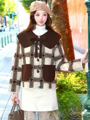 ビッグカラーリボンチェックブルゾンBROWN