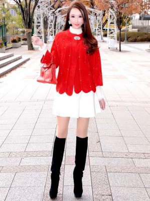 ラインストーンニットジャケットRED