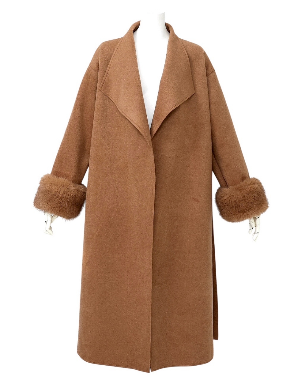 ☆再販予約31日23時迄☆袖ファーカシミア混ウール100%ロングコートCAMEL スタイリングイメージ2