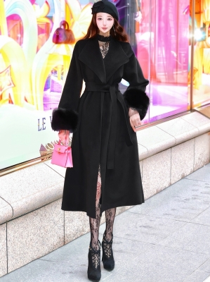 袖ファーカシミア混ウール100%ロングコートBLACK