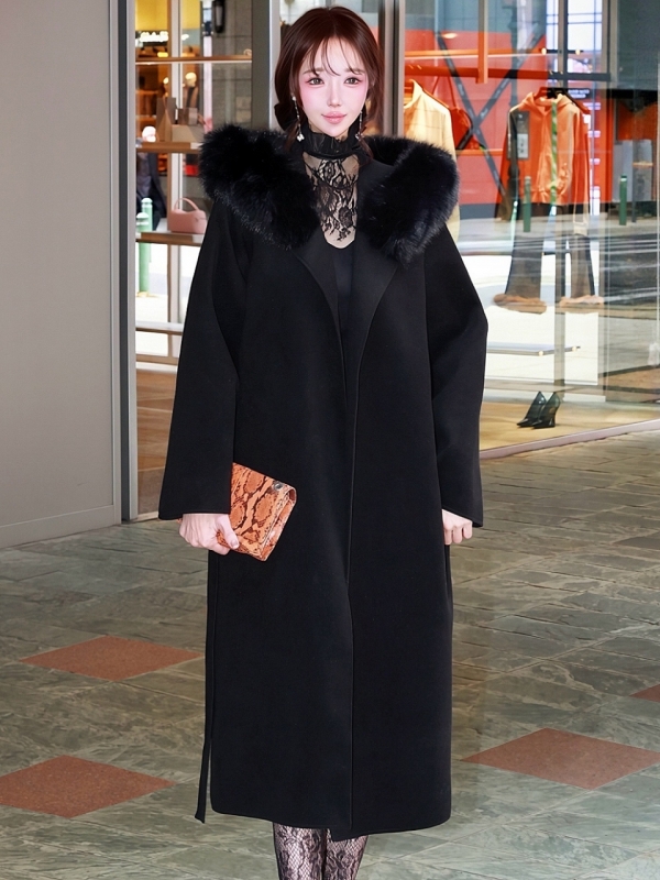 ☆再販予約31日23時迄☆襟ファーカシミア混ウール100%ロングコートBLACK 商品イメージ3