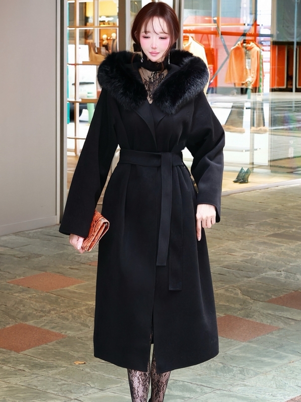 ☆再販予約31日23時迄☆襟ファーカシミア混ウール100%ロングコートBLACK 商品イメージ4