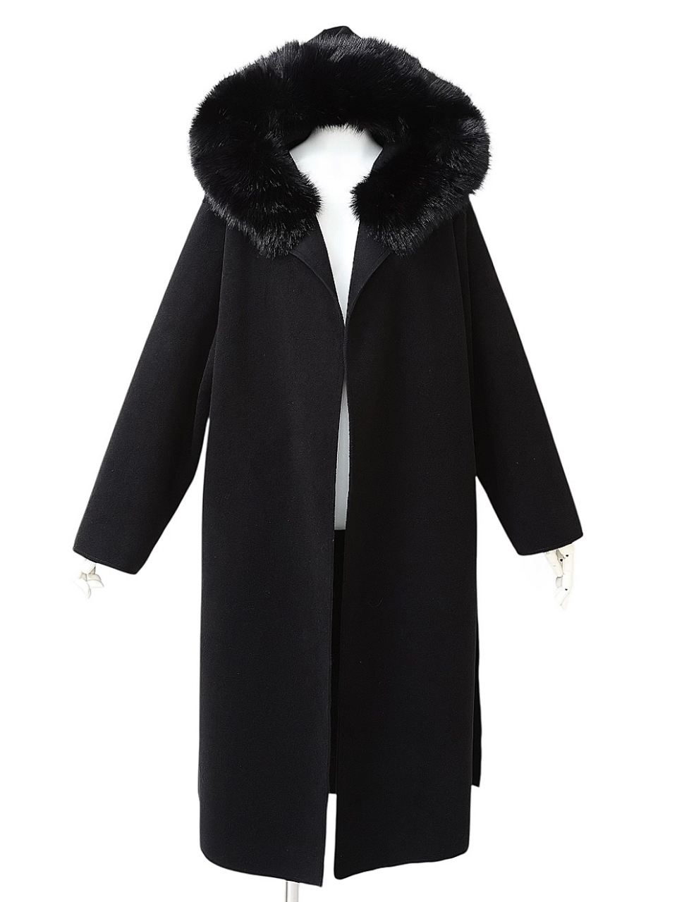 ☆再販予約31日23時迄☆襟ファーカシミア混ウール100%ロングコートBLACK スタイリングイメージ2